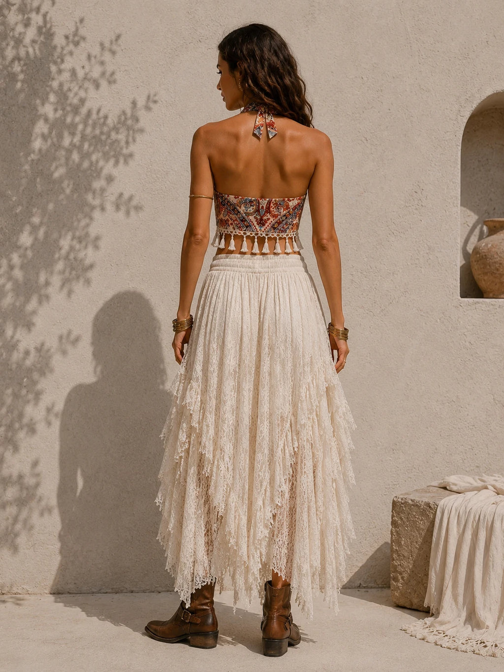 The Aria Look - Women's Boho Halter Top & Lace Maxi Skirt